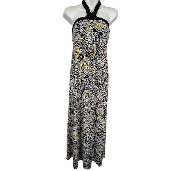 Elle Womens Halter Top Jersey Knit Stretch Knit Maxi Print Dress sz Small S - Picture 1 of 16